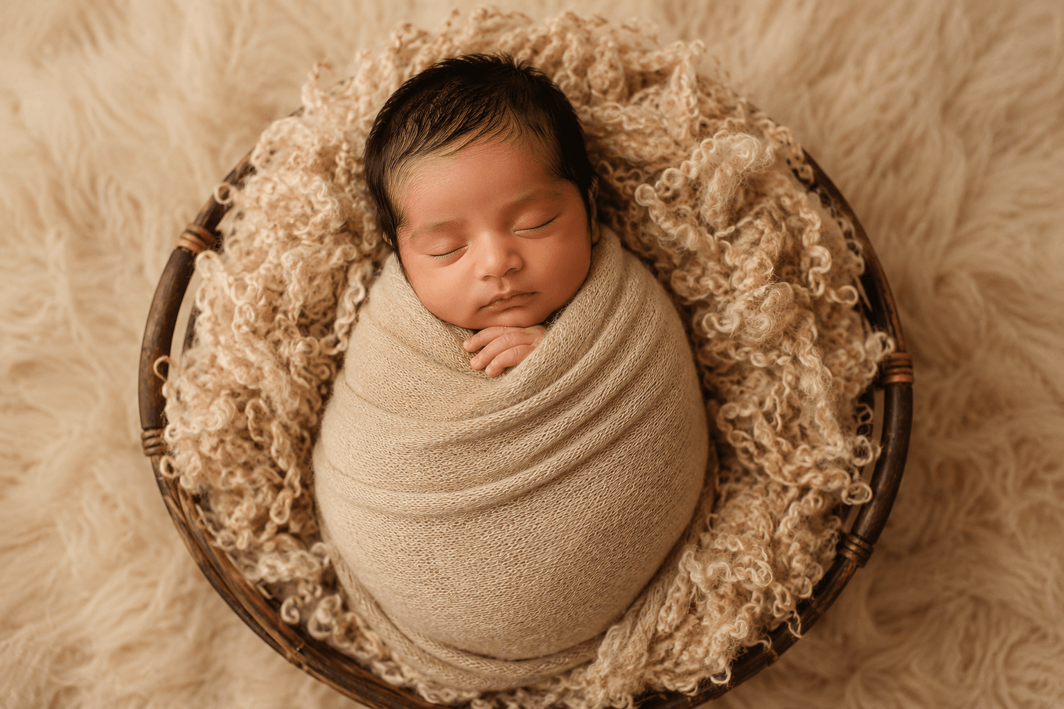 Newborn asleep, wrapped, overhead